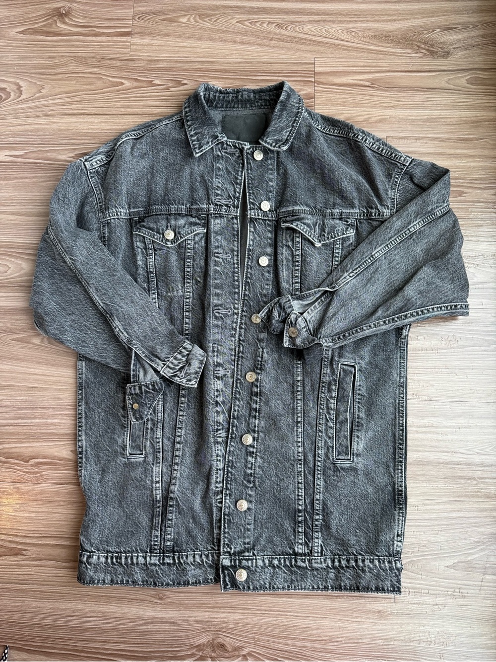 American Eagle Washed Black Long Denim Jacket Small Distressed